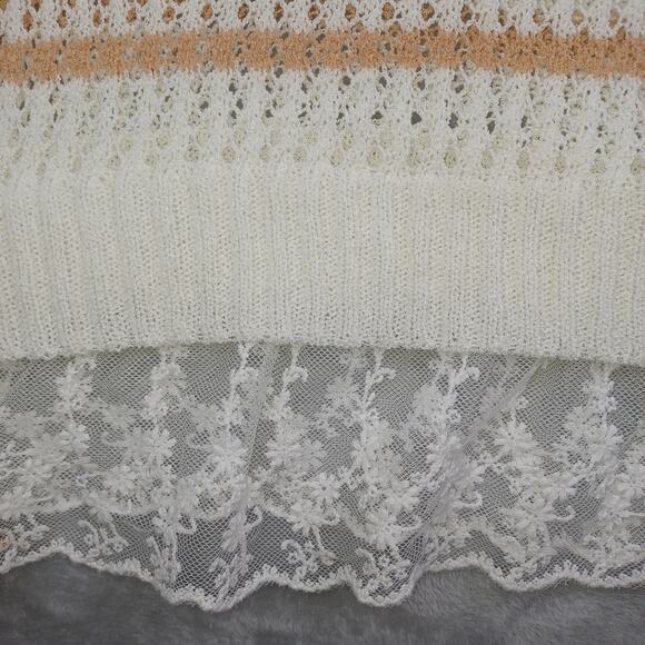 POL Women Open Crochet Knit Lace Hem Top Size L Cream Boho Hippie Coquette Flowy - Picture 8 of 14